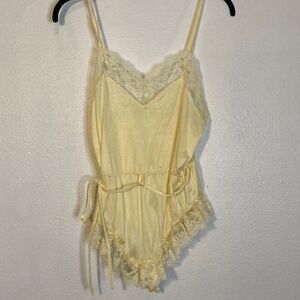 80s vintage tie waist lace trim butter yellow made in usa teddy one piece